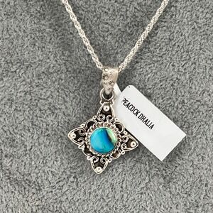 925 Sterling Silver Peacock Dahlia Turquoise Pendant Necklace‎ Southwestern 18in